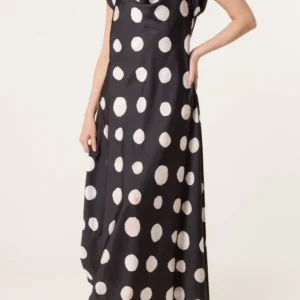 Cowl Neck Polka Dot Satin Maxi Dress
