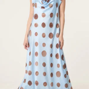Cowl Neck Polka Dot Satin Maxi Dress
