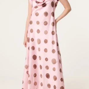 Cowl Neck Polka Dot Satin Maxi Dress